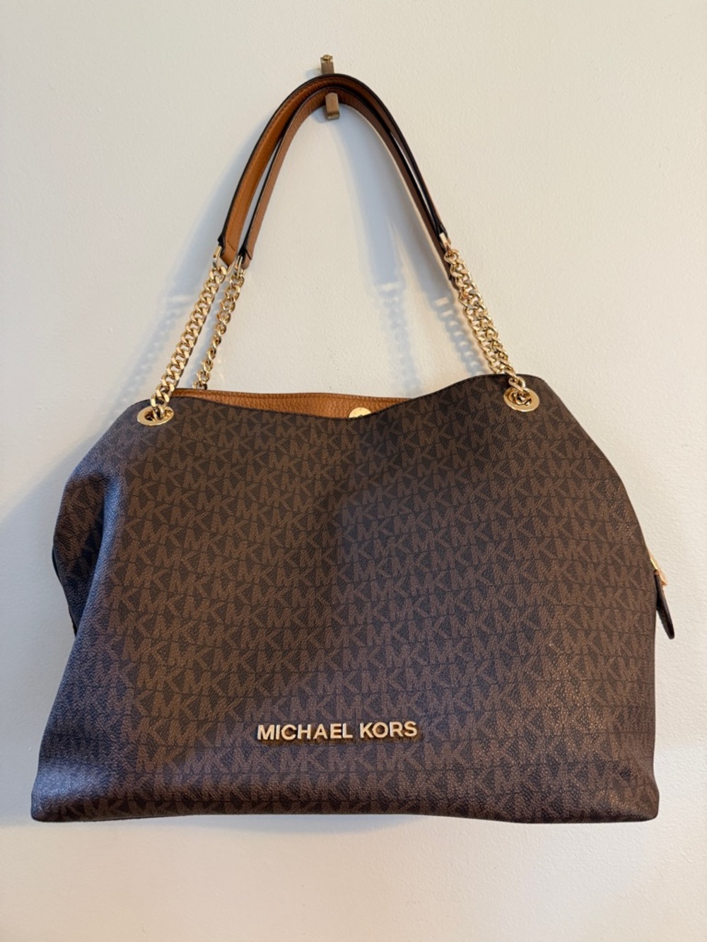 Michael Kors Jet Set Chain Tote Brown MK Logo Large Shoulder